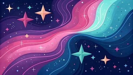 Colorful cosmic illustration with stars and flowing waves of vibrant colors
