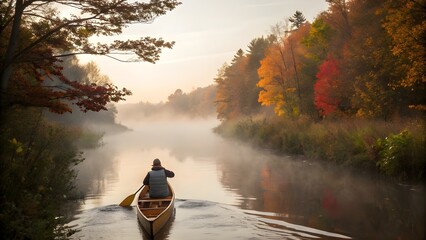 A serene canoe ride on a misty river during the autumn season
