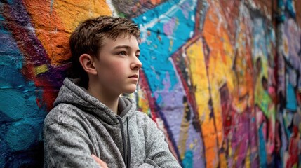 A boy leaning against a graffiti wall, reflecting bright colors, modernity, individuality, and urban youth culture.