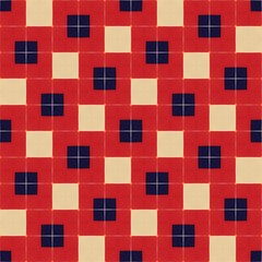 Seamless checkered pattern on a red brick wall with yellow windows, a vintage fabric texture