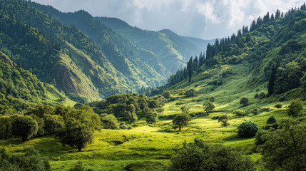 Naklejka premium Lush Green Hills and Mountains under Cloudy Sky Perfect for Landscape Photography Nature Tourism and Environmental Posters
