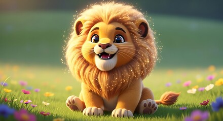 Adorable Cartoon Lion Cub with Sparkly Mane Sitting in a Meadow of Flowers