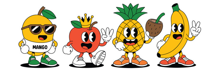 Obraz premium Funny Retro Groovy Tropical Fruit Characters Set – Smiling Mango, Pineapple, Banana, and Pomegranate Mascots in 70s Style – Summer Vibe Cartoon Vector Illustrations