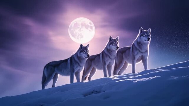 Three wolves standing on a snowy hill under a bright full moon in a purple night sky scene animal video
