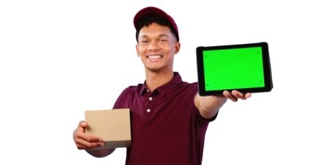Courier man, tablet and green screen in portrait for mockup space, isolated and transparent png background. Supply chain expert, cardboard package and smile for app promo, male person and marketing