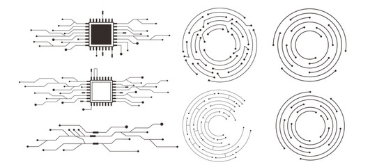 Circuit board circle line dots connection. Motherboard electronic technology data, electrical board, cpu. Innovative Electronic Network. Technology background, design elements 