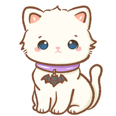 Fototapeta premium Cute white kitten wearing purple collar with bat charm kawaii Halloween cat illustration adorable spooky accessory gothic autumn fantasy magical pet character seasonal digital art