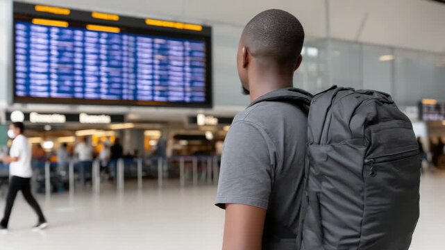 A man with a backpack looks at flight information screens in an airport terminal