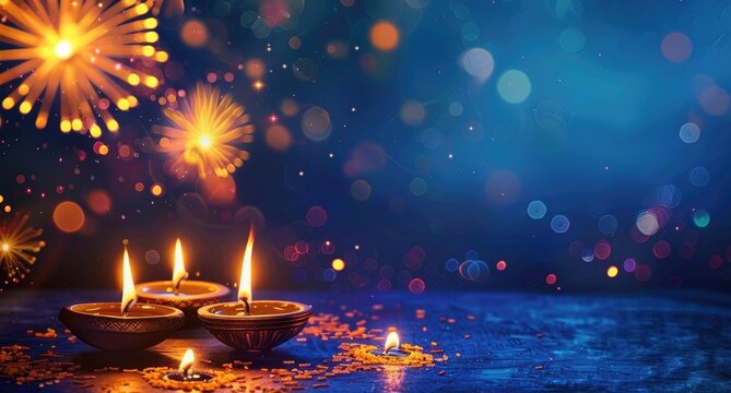 diwali celebration background with burning oil lamps and fireworks on dark blue banner