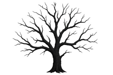 Barren tree silhouette, stark branches casting dramatic shadow against transparent backdrop