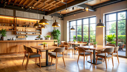 Obraz premium Peaceful café scene with soft lamp glow, rustic wooden chairs, and a relaxing cozy environment.