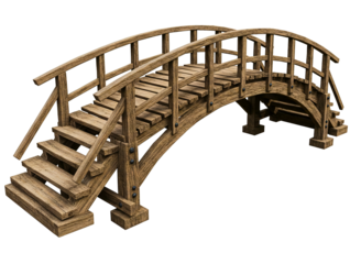 Rustic wooden garden arch bridge with stairs isolated on transparent background
