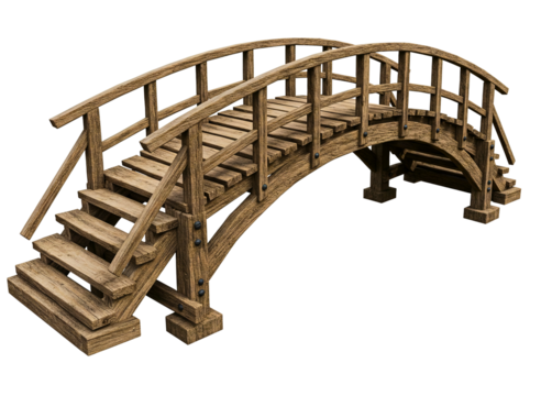 Rustic wooden garden arch bridge with stairs isolated on transparent background