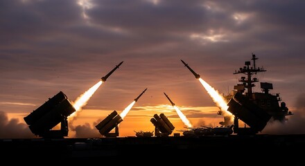 Spectacular Launch of Guided Missiles from a Warship at Dusk Demonstrating Military Power
