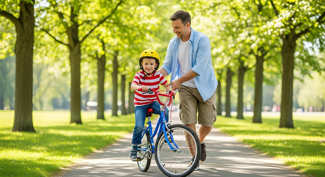 Father teaching son to ride a bicycle, family activity