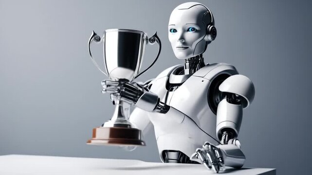 A humanoid AI agent robot holds a trophy symbolizing the agent's success and growth in autonomy in the workplace. 4k video