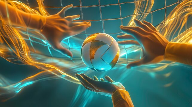 Dynamic Volleyball Action with Hands and Ball Near the Net