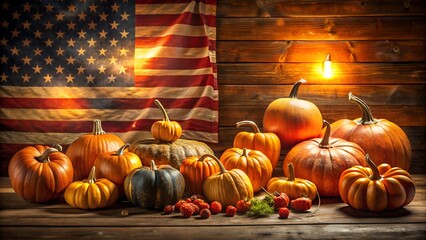 A collection of pumpkins and gourds arranged on a rustic wooden surface in front of an american flag, evoking a sense of autumn harvest and national pride