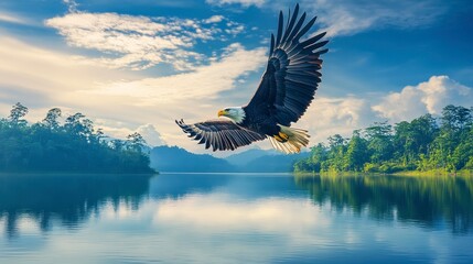 Obraz premium Majestic Eagle Soaring Over Serene Lake Landscape at Sunrise