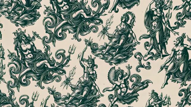 Vintage toile-style pattern of mythical creatures and angels in green ink on beige fabric. Concept of classical decorative art