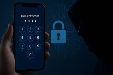 Cybersecurity concept with hacker in hoodie silhouette, smartphone lock screen with password entry, digital data protection, mobile encryption threat, passcode privacy breach hacking warning visual


