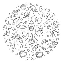 Obraz premium Whimsical hand drawn doodle of space objects and planets arranged in a circular pattern silhouette