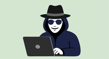 Vector illustration of a hacker in front of laptop &ndash; cybersecurity and data protection concept
