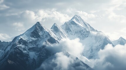 Obraz premium Majestic Snow-Capped Mountains Amidst Soft White Clouds