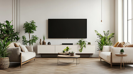 Modern living room design ideas with plants and tv for home interior inspiration and decoration style