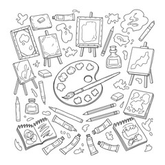 Artistic collection of drawing and painting supplies including an easel palette brushes ink bottles and picture frames silhouette