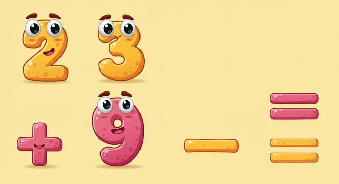 Cheerful Cartoon Math Symbols: Numbers, Plus, Minus, Equals on Pale Yellow Background