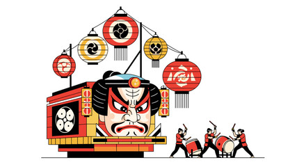 Fototapeta premium Traditional Japanese festival float featuring a large Kabuki actor mask and people playing drums, celebrating culture and tradition.
