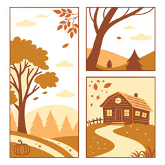 Fototapeta premium Charming autumn scenes featuring a tree rolling hills and a cozy cabin with falling leaves and a pumpkin