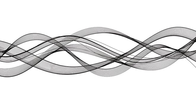 Abstract design of flowing, interwoven, gray lines on a white background.