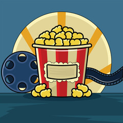 Popcorn and film reel vector illustration template graphic design. Movie Strip Cinema Snack Entertainment Icon Movie Night Theater for entertainment concept with beautiful cartoon style