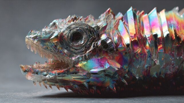 Macro close-up of a faceted lizard sculpture with iridescent crystalline scales, grey backdrop