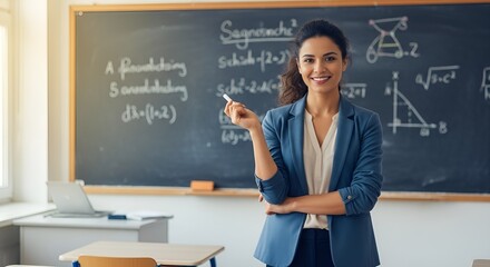 Smiling teacher standing in front of a chalkboard, holding a pointer, ready to teach.