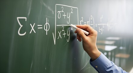 Teacher's hand writing complex mathematical equations on a chalkboard.