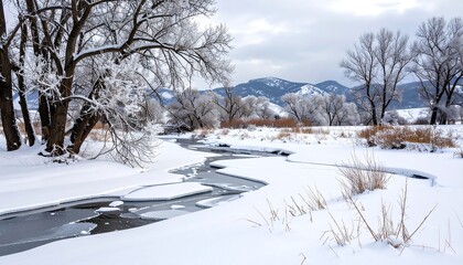 Winter Landscape with Snowy Trees, Icy River, and Mountain Backdrop