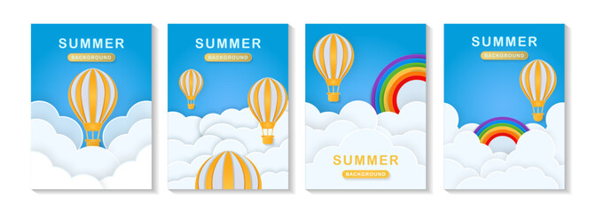 Summer poster, paper cut clouds in the blue sky, banner flyer, baby birthday card. Vector illustration. Place for text. Spring weekend holiday background. hot air balloon, rainbow