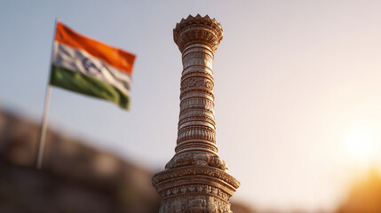 Ashoka Pillar with Indian flag in the background, patriotic theme for Republic Day or Independence