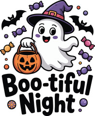 Cute Halloween Ghost T-Shirt Design – Cartoon Ghost with Candy Bucket Vector
