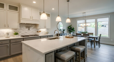 Fototapeta premium Modern kitchen interior with island, dining table and stylish decoration