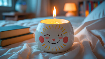 Cute Smiling Sun Candle on a Bedside Table