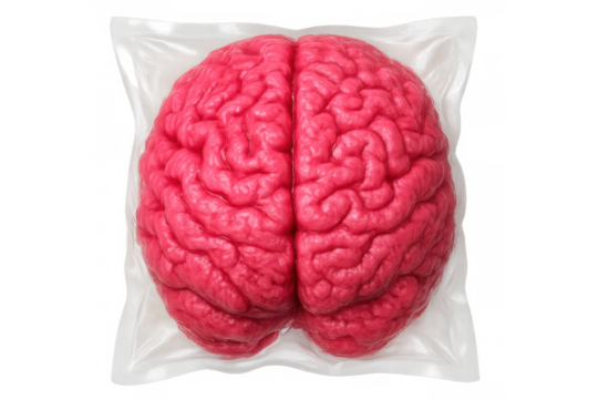 Pink brain packaged in sterile plastic wrap, vacuum-sealed and preserved, resting on transparent surface highlighting medical research concept