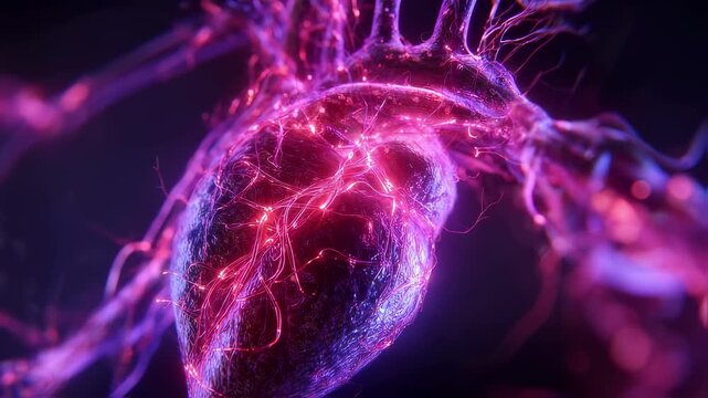 Animated vascular system glowing with vibrant red and purple hues syncing with rapid heartbeats and bursting adrenaline sparks.