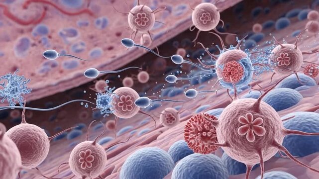 Detailed 3D Animation of Sperm Cells Fertilizing a Human Egg, Showing The Biology Process