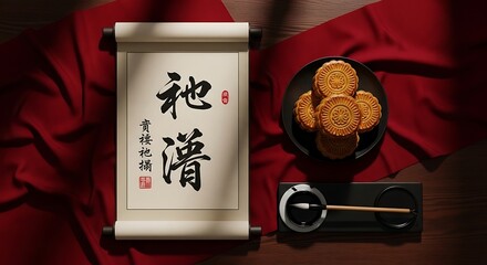 Elegant Mid-Autumn Festival Still Life with Mooncakes, Scroll, and Ink Brush composition