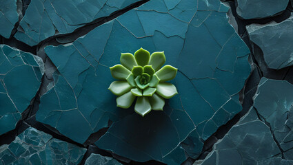 Succulent Plant on Cracked Blue Stone Surface