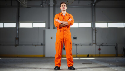 Solitary man in orange jumpsuit standing in industrial room, isolation